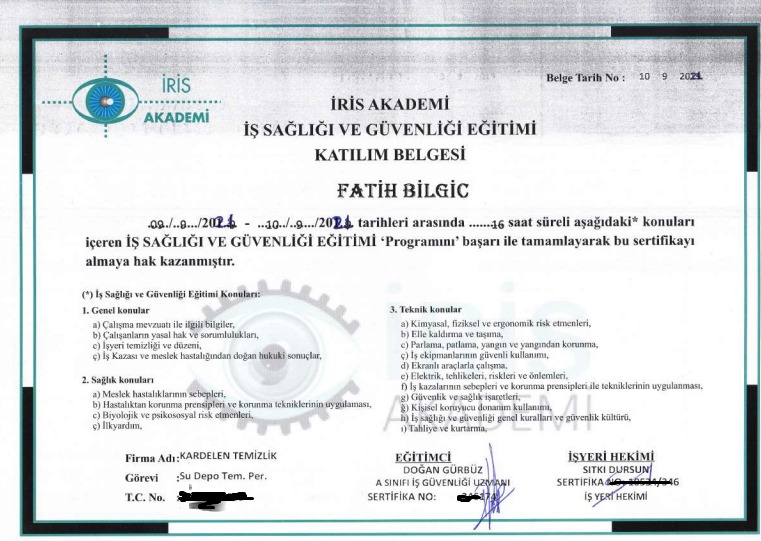 Su Deposu Temizliği Sertifikası 7